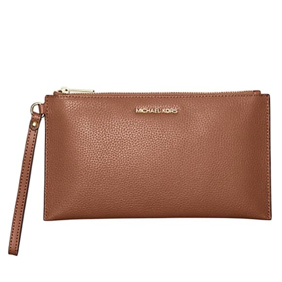 Michael Kors Women's Travel Large Top Zip Pebbled Leather Wristlet Pouch Cognac - Picture 1 of 13